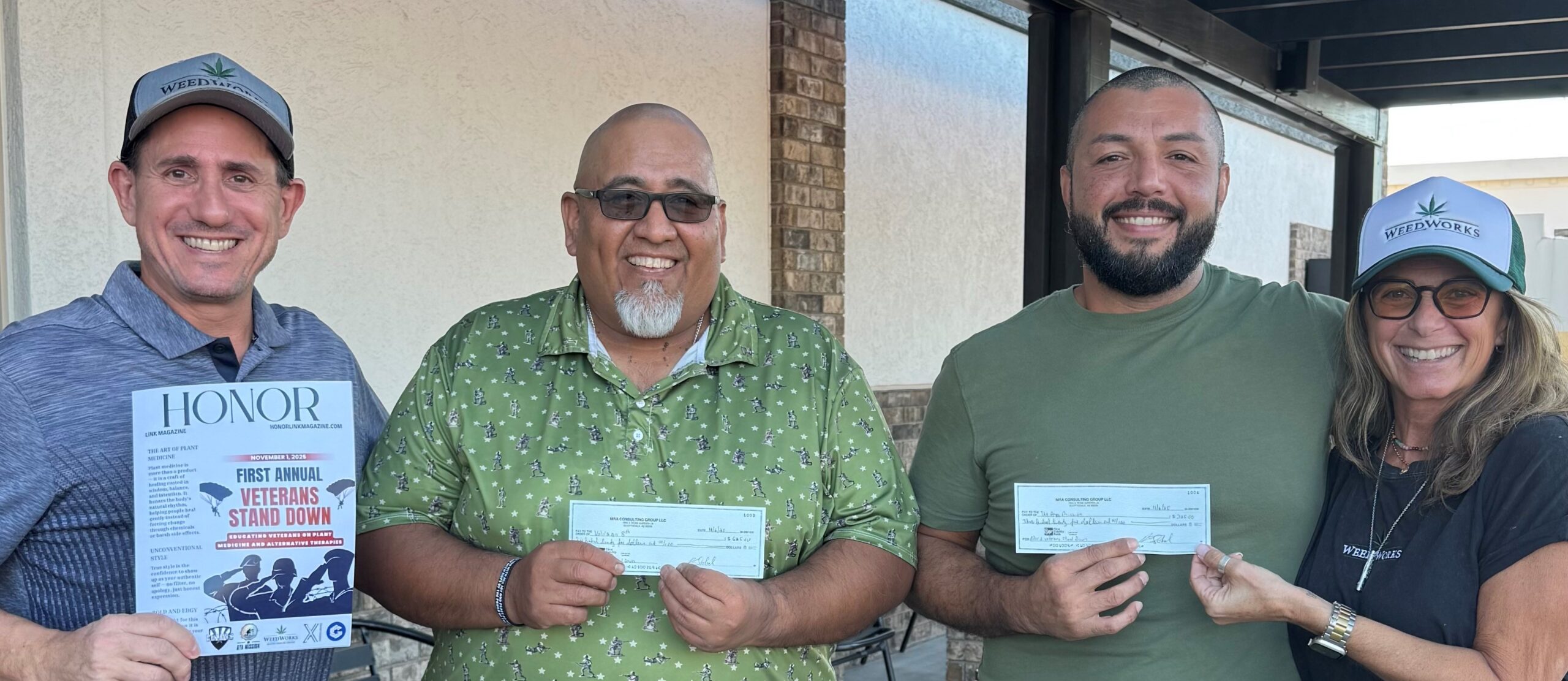 WeedWorks presenting donation checks to The Aya Mission and Valors Veterans Community AZ